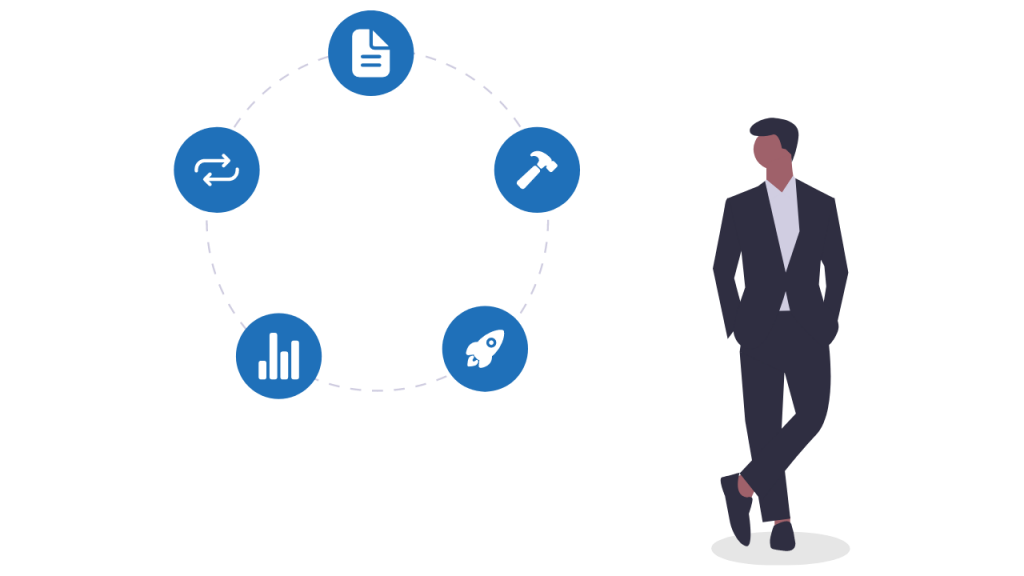 cartoon of a man in a suit next to implementation icons