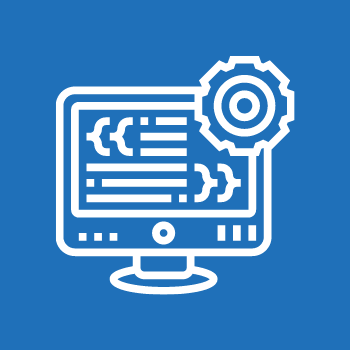 white outline of computer with code on blue background