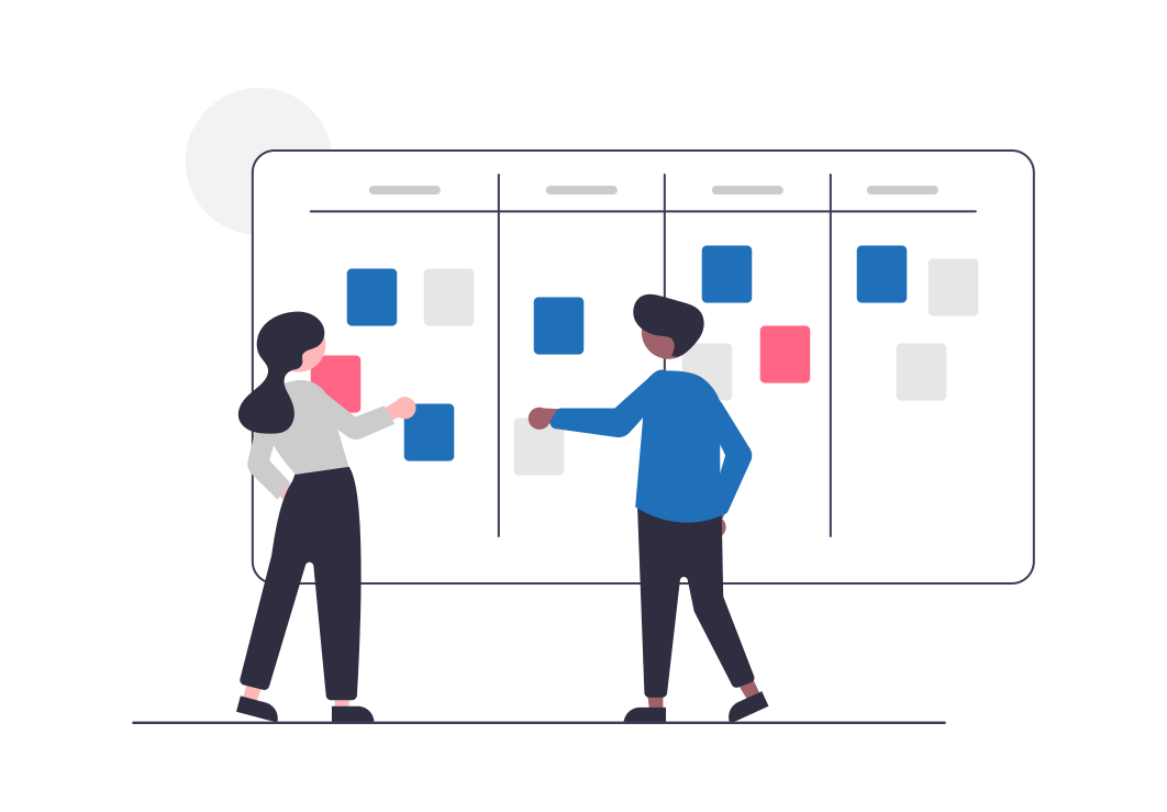 cartoon of a woman in a gray shirt and a man in a blue shirt organizing sticky notes on a calendar