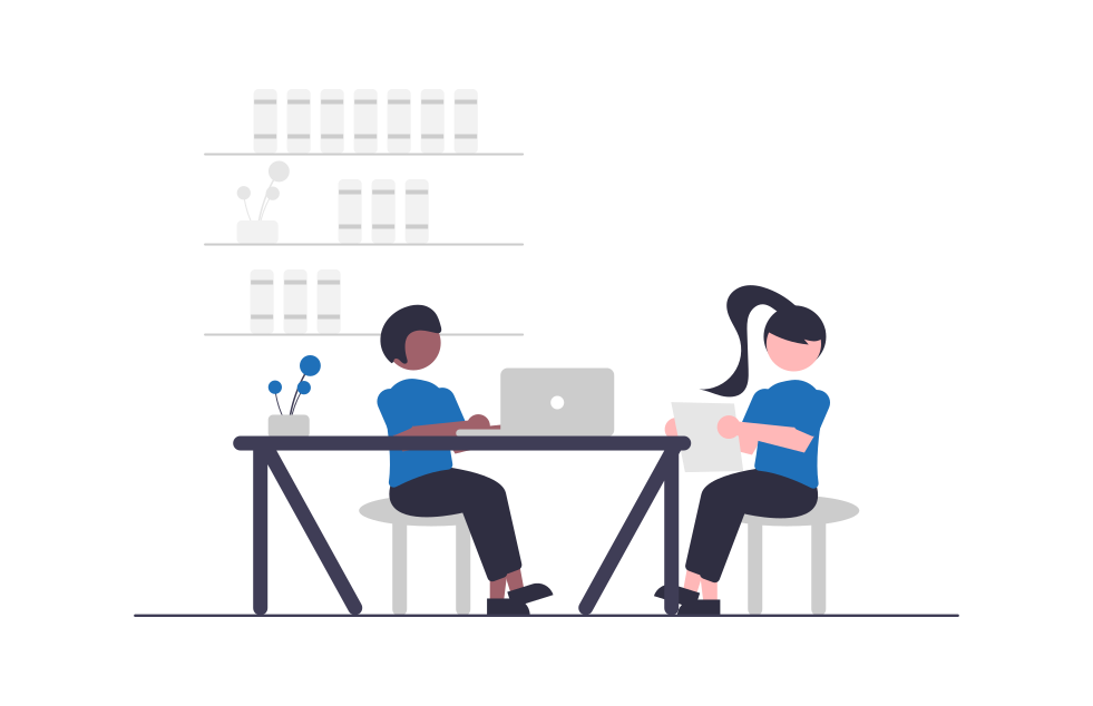 cartoon of two female developers collaborating about technology consulting