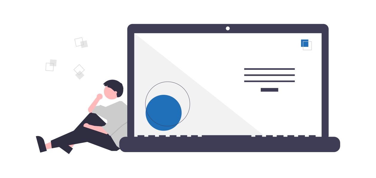 cartoon of man sitting next to laptop