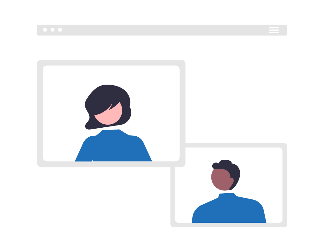 cartoon of two coworkers meeting over a video call for technology consulting